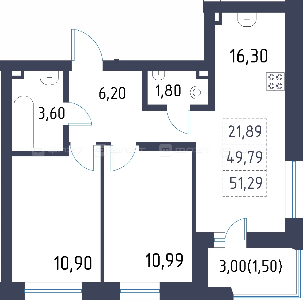 Планировка квартиры 51,29 м²